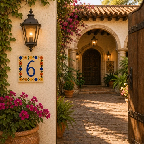 Talavera tile plaque number six with Mexican floral border decorating a traditional hacienda entryway with rustic architectural details