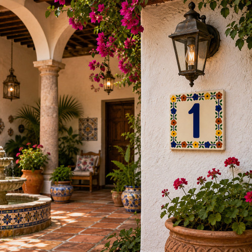 Talavera tile plaque number one with Mexican floral border featured on a colonial patio entrance with classic Mexican charm