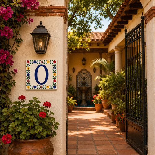 Talavera tile plaque number zero with Mexican floral border showcased on a colonial patio entrance with classic Mexican design elements