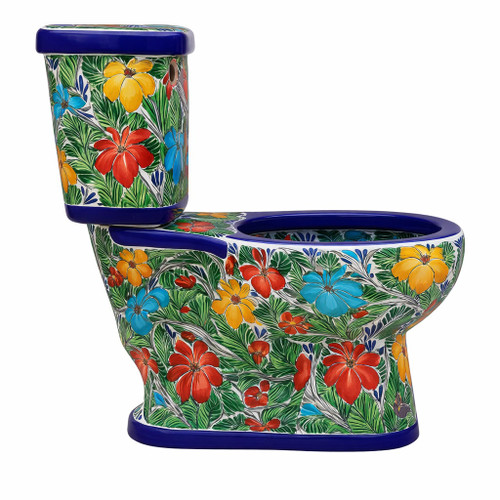 Mexican hand-painted multicolor Talavera floral toilet side view