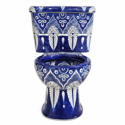Front view of a Mexican hand-painted blue and white Talavera toilet