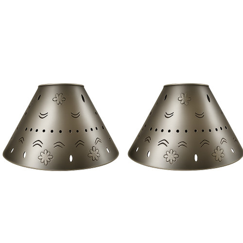 Pair of mexican punched tin cone lamp shades with geometric motifs