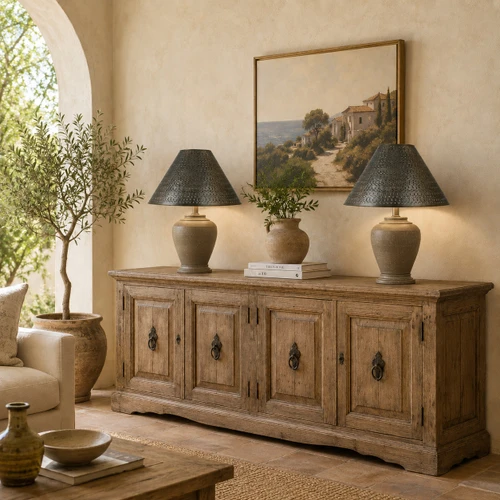 Punched tin cone lamp shade in smoke-bronze finish on a Mediterranean sideboard with pottery