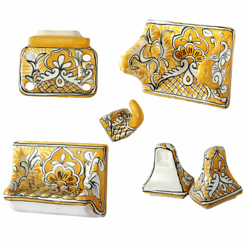 Yellow floral Talavera wall-mount bathroom accessory set