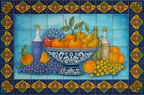Blue fruit bowl talavera tile mural