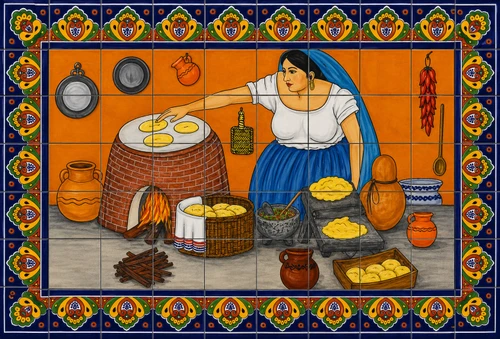 Talavera tile mural – woman cooking