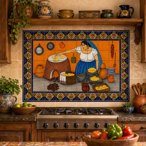 Talavera tile mural – woman cooking as a kitchen backsplash with rustic wood and handcrafted decor.