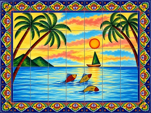 Talavera tile mural tropical ocean