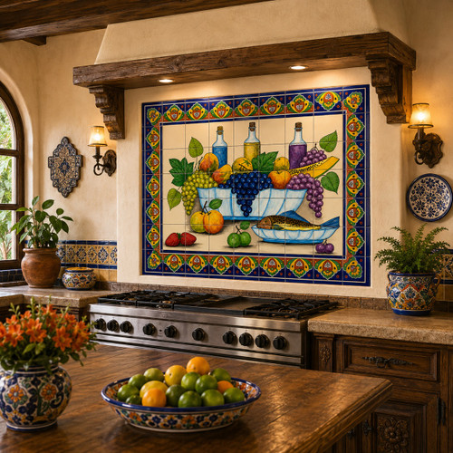 Fruit still life talavera tile mural in a hacienda kitchen with rustic wood and colorful pottery.