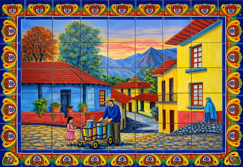 Mexican village tile mural with an iecream cart