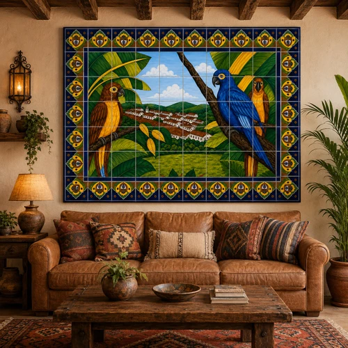 Tropical parrots talavera tile mural in a rustic living room with wood beams and tropical greenery.