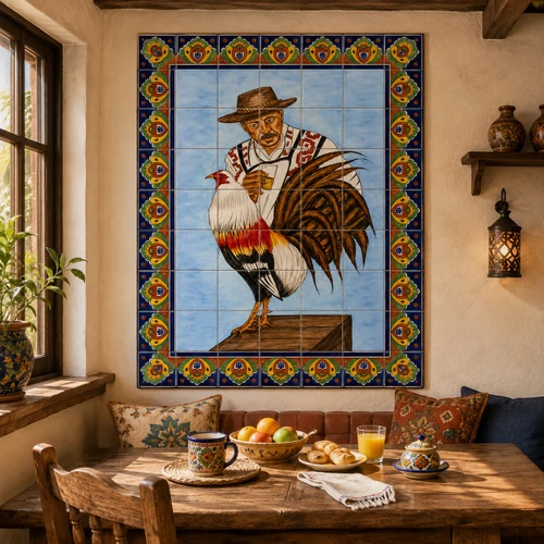 El gallo talavera tile mural in a breakfast nook with natural light, pottery, and wood accents.