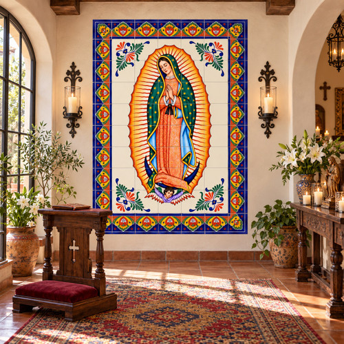 Our lady Guadalupe Mexican mural displayed in a peaceful prayer room with rustic decor.