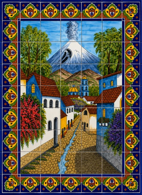 Mexican village volcano tile mural