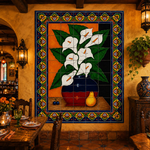 Calla lilies talavera tile mural in a Mexican restaurant with rustic tables and tile decor.