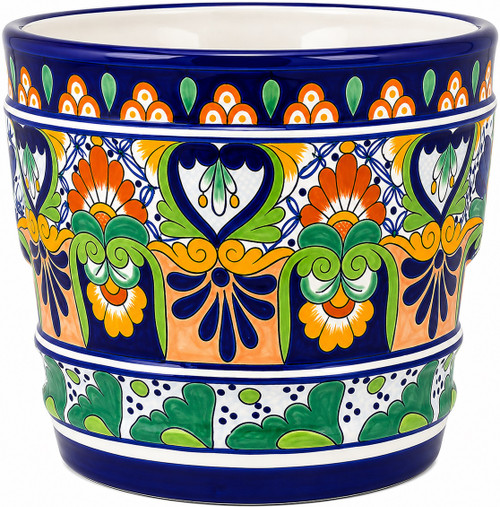 Talavera planter with cobalt blue floral heart pattern