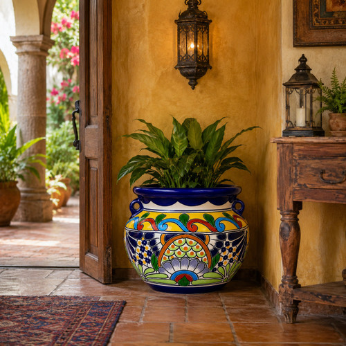 Talavera flower planter with multicolor scroll and floral motif in a hacienda entryway