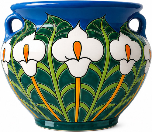 Talavera garden flower planter with white lily motifs