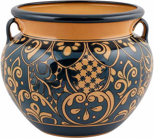 Talavera planter with caramel scrollwork and rolled rim