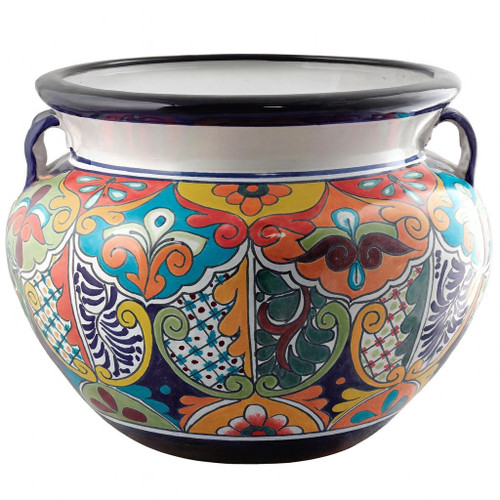 Hand-painted Talavera planter with multicolor floral motifs 