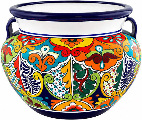 Hand-painted talavera planter with multicolor floral motifs