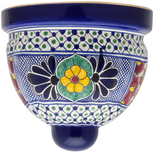 Detailed view of Mexican Talavera Wall Sconce with Cobalt Blue and Yellow Medallion Design