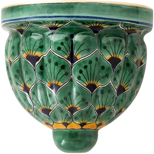 2 x Mexican talavera wall sconce with green petal pattern design