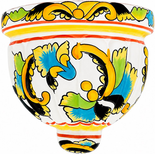 2 x Mexican talavera wall sconce with yellow and turquoise scroll design
