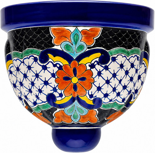 2 x Mexican talavera wall sconce with red and blue lattice design