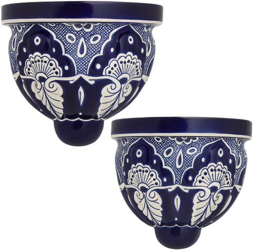 2 x cobalt blue and white Mexican talavera wall sconce