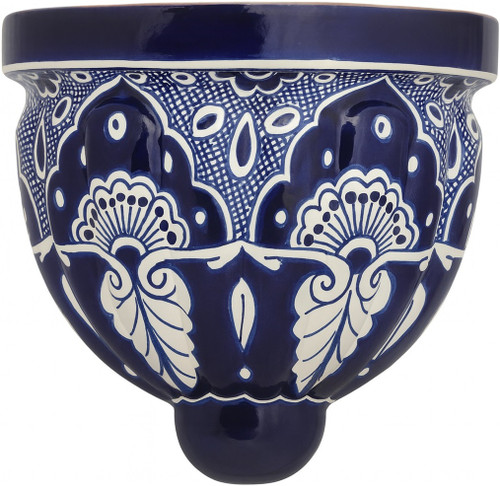 Two cobalt blue and white Mexican talavera wall sconces displayed on a white background