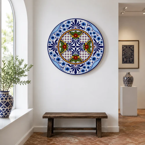 Blue floral decorative talavera plate with red flower accents displayed on a white gallery wall with natural light highlighting its vibrant colors