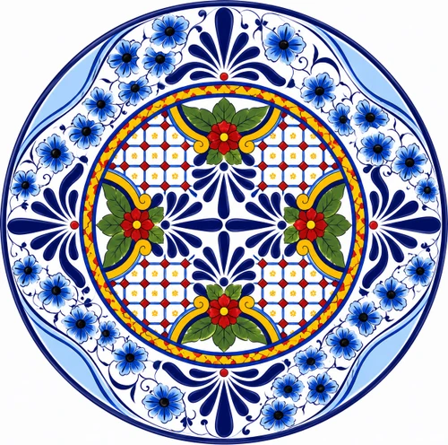 Blue floral decorative talavera plate with red flower accents