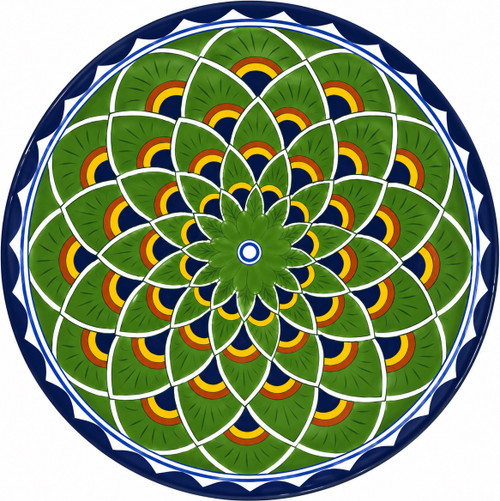 Green mandala decorative talavera plate with navy geometric accents