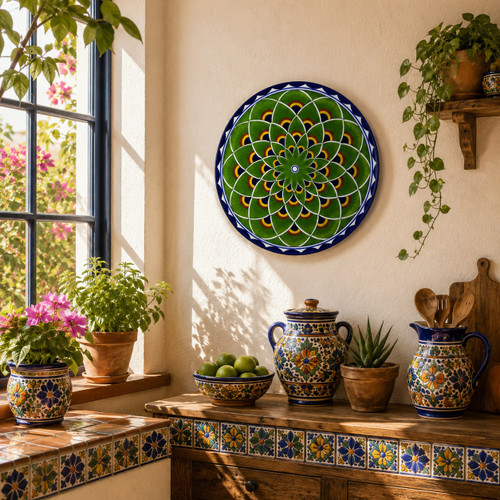 Green mandala decorative talavera plate with navy geometric accents near a sunny window