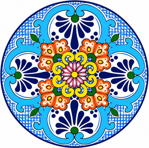 Colorful floral decorative talavera plate with blue scrollwork design