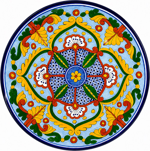 Sky blue floral decorative talavera plate with traditional Mexican design