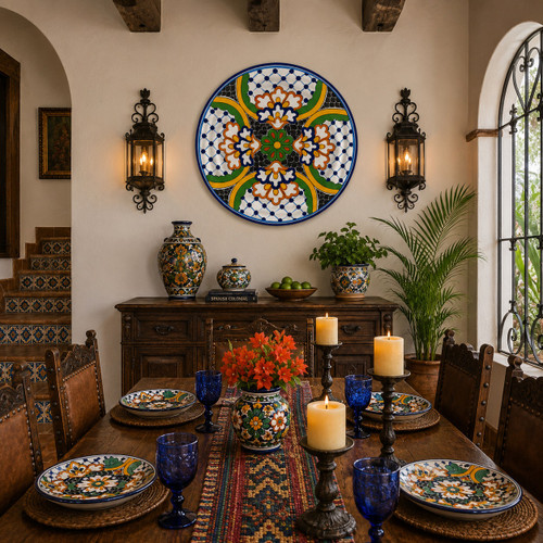 Floral lattice decorative talavera plate with green and yellow accents featured in a Spanish dining room with traditional furnishings