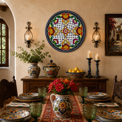 Floral lattice decorative talavera plate with black border design displayed in a Spanish dining room with traditional furnishings and warm accents