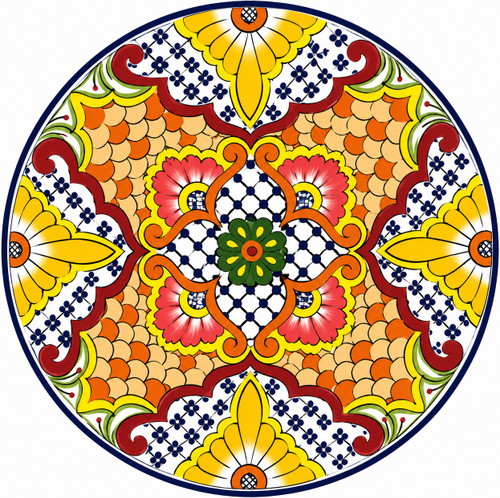 Yellow floral decorative talavera plate with blue lattice design