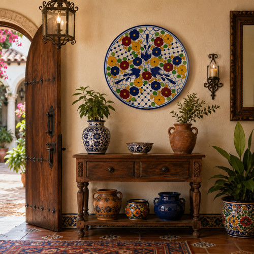 Bird floral decorative talavera plate with blue lattice pattern accenting a welcoming Spanish Colonial entryway wall