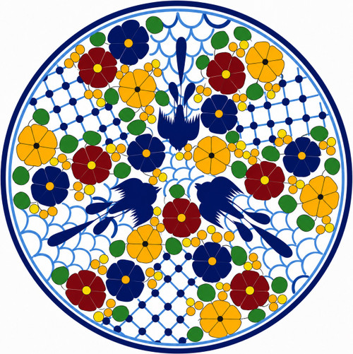 Bird floral decorative talavera plate with blue lattice pattern