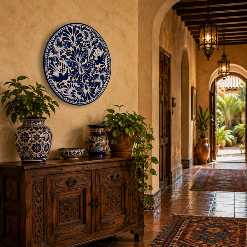 Blue bird decorative talavera plate with floral vine design showcased in a hacienda hallway with warm architectural details