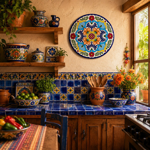 Colorful floral decorative talavera plate with turquoise motif design decorating a colorful Mexican kitchen with handcrafted ceramic accents