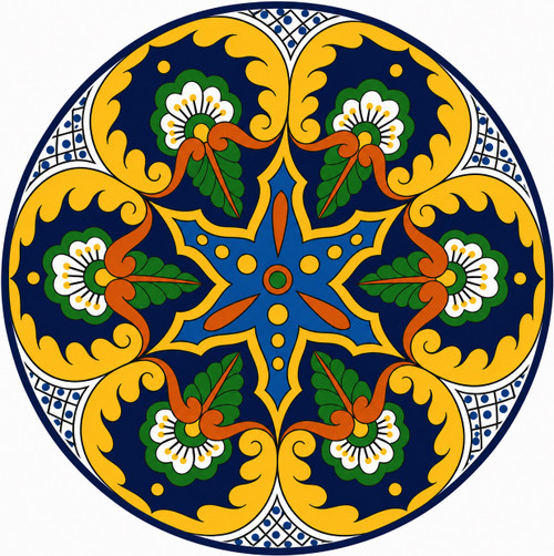 Star medallion decorative talavera plate with yellow scroll design