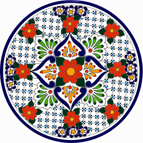 Red floral decorative talavera plate with blue lattice design