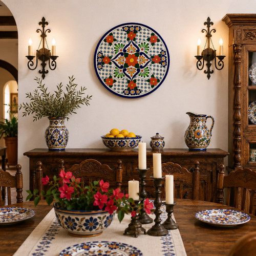Red floral decorative talavera plate with blue lattice design showcased in an elegant Spanish dining room with classic décor