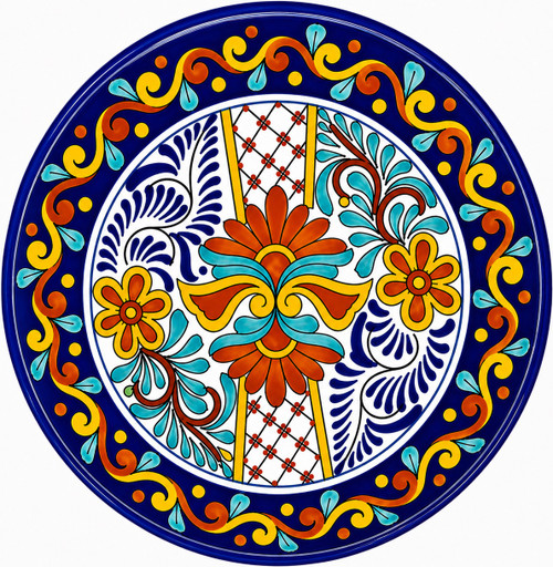 Cobalt blue decorative talavera plate with orange floral medallion