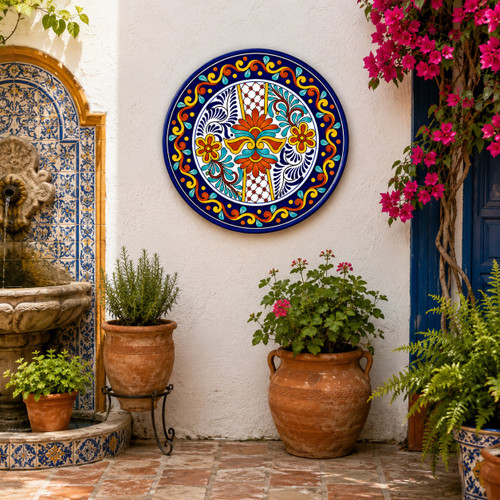 Cobalt blue decorative talavera plate with orange floral medallion featured in a Mediterranean courtyard with vibrant architecture