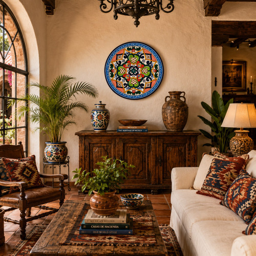 Blue medallion decorative talavera plate with green scrollwork design featured in a rustic hacienda living room interior